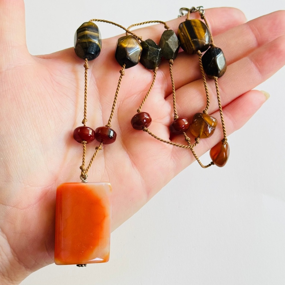 BOHO Carnelian tigers eye beaded Necklace VtG Genuine Gemstone stone Natural 23"